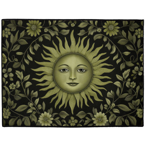 Witchy home décor doormat with an enchanting olive green sun face surrounded by flowing botanicals and foliage on a rich black background, ideal for adding earth-centered mysticism to any entrance.